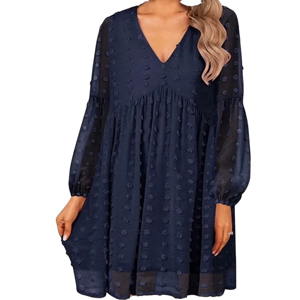 Navy Clip Dot Babydoll Mini Dress Small Romantic Long Sleeve